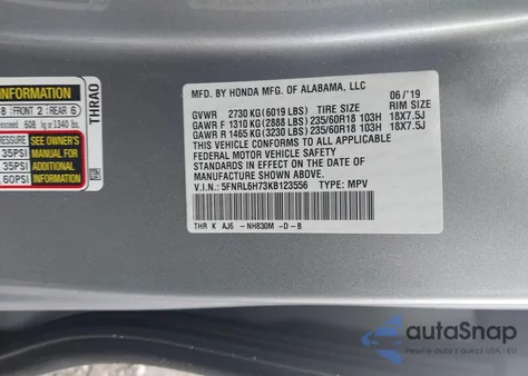 2019 Honda Odyssey Ex-L z USA, uszkodzony, nr VIN 5FNRL6H73KB123556